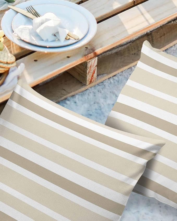 Outdoor Waterproof Throw Pillow Covers Set of 2 Khaki Beige Stripes Decorative Outdoor Pillows Cushion Case 16x16 Inch Classic Striped Patio Pillows for Couch Sofa Bed Garden Office Home Decor