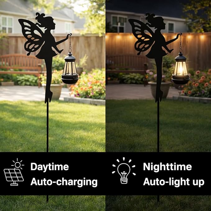 Solar Fairy Garden Accessories Outdoor 1 Pair - Metal Stakes Decorative Figurines Housewarming Ornament for Patio, Lawn, Yard, Pathway - Unique Gift Ideas for Mom Grandma (Type A Color-Shifting)