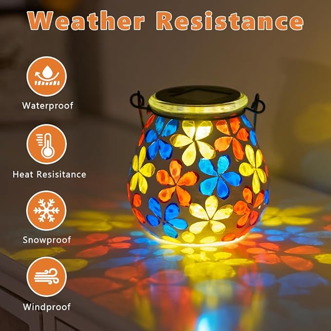 Stargarden Mosaic Solar Lanterns, Glass Hanging Lantern Waterproof Outdoor Haning Lights Flower Decorative Table Lamp for Garden ,Patio,Yard Decor