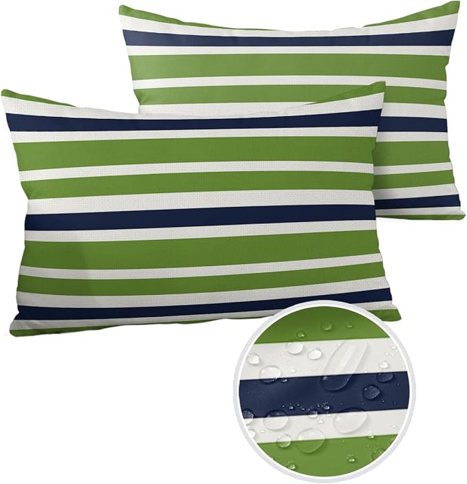 Outdoor Waterproof Pillow Covers for Patio Furniture Navy Blue Green Stripes Decorative Throw Pillow Cover Lime Green Stripes Pillowcases Set of 2 Cushion Case for Sofa Couch Chair 20 x 12 Inches