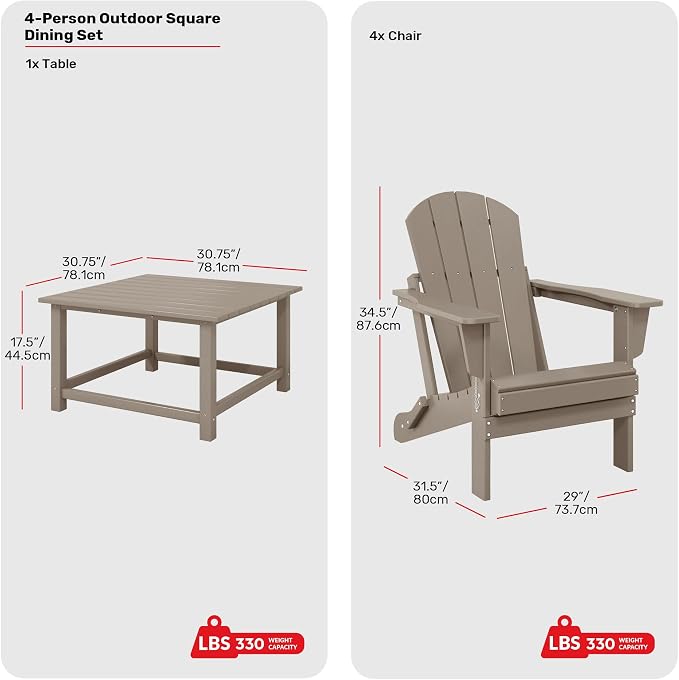 Costaelm Patio Conversation Set, 5 piece Balcony Furniture, Small Patio Firepit Furniture Outdoor Adirondack Square Coffee Table and Chair for Backyard Lawn Porch Pool Garden, Weathered Wood