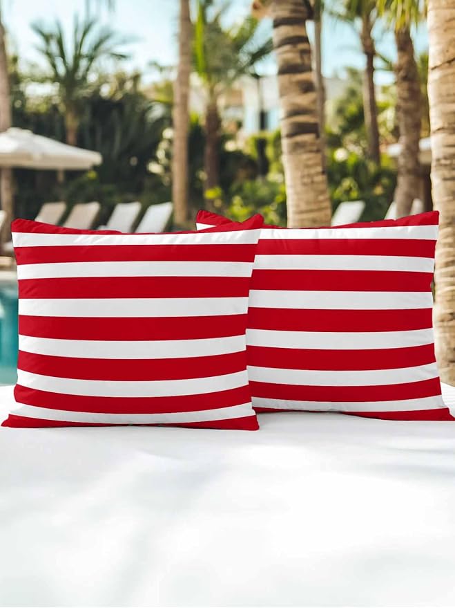 Waterproof Outdoor Pillow Set of 2 Red Stripes Decorative Throw Pillows Cover & Insert 16x16 Inch Pillowcase Classic Striped Lines Square Pillows for Couch Sofa Bed Patio Furniture Indoor Outdoor