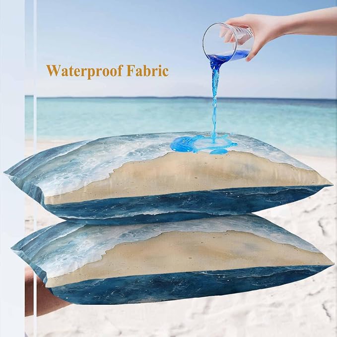 Abstract Waves Outdoor Waterproof Throw Pillow Covers Set of 2, 20"x12", Blue Ocean Spray Beach Watercolor Decorative Pillow Covers Outside Cushion Case for Patio Porch Garden