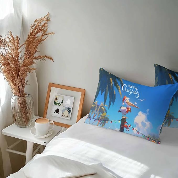 Vandarllin Christmas Outdoor Throw Pillows Covers 20x12 inch Set of 2 Waterproof Pelican Crab Decorative Zippered Cushion Covers for Patio Furniture, Palm Trees Beach Blue Sky Lumbar Pillowcases