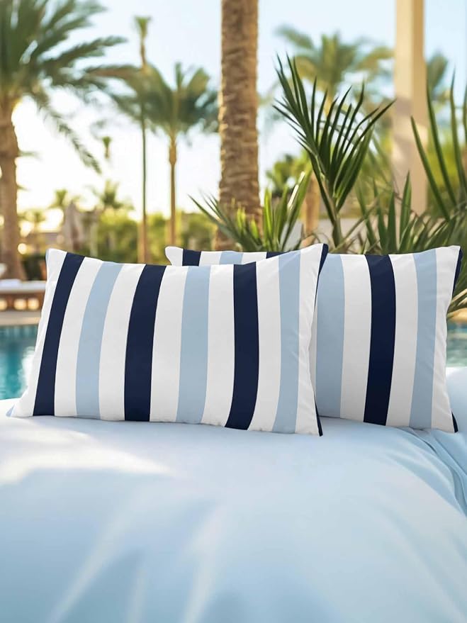 Outdoor Pillows Waterproof, Navy Blue Aqua Striped Bedding Throw Pillows with Insert for Couch Sofa Bed, Farmhouse Stripe Art 12x20 Inch Pillowcases Decorative Camping Patio Pillow Set of 2