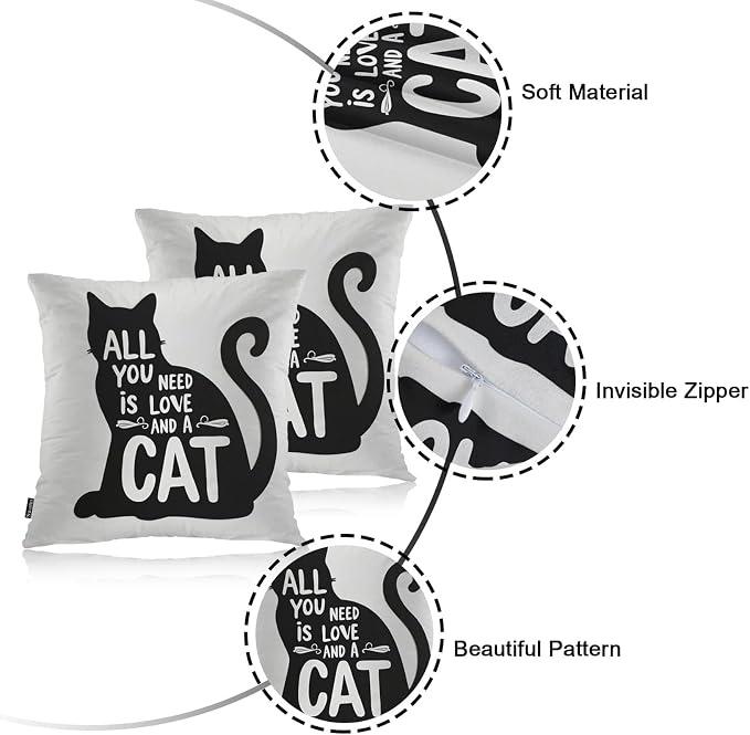 Swono Couch Pillow Cover Set of 2 Black Cat, All You Need is Love and A Cat Quote Decorative Throw Pillowcase Cushion Cover 18 X 18 Inch Throw Pillows Covers for Sofa Bedroom Car Living Room