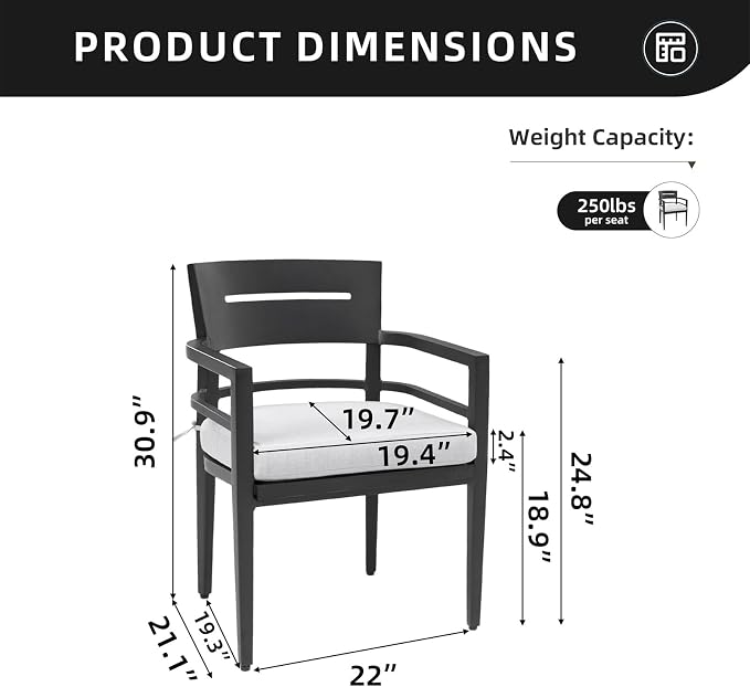 Modern Outdoor Dining Chairs Patio Aluminum Stationary Chair 4PCS with Outdoor-Grade Sunbrella Fabric Cushions, Tapered Feet, Ember Black
