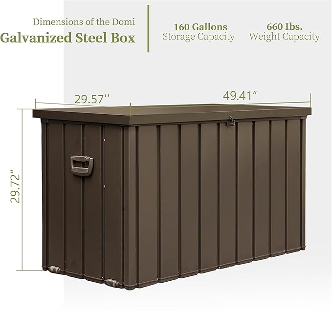160 Gallon Outdoor Deck Box, Metal Lockable Storage Cabinet with Mobility Rollers & Side Handles, Waterproof Steel Bench for Patio Outside Furniture Cushions,Pillows,Garden Tools (Brown)