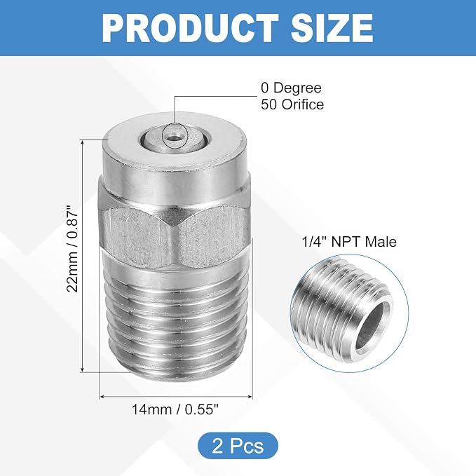 uxcell 2Pcs Pressure Washer Nozzle, Stainless Steel Thread Nozzles Tips, Universal Replacement for Undercarriage Cleaner Water Broom, 1/4 Inch NPT Male, 0 Degree 050 Orifice