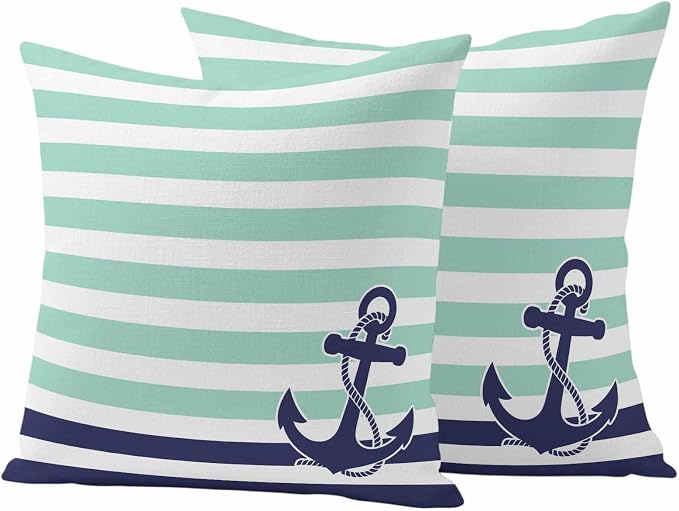 Blue Anchor Outdoor Waterproof Throw Pillow Covers Set of 2, 18"x18", Costal Mint Green White Stripes Background Decorative Pillow Covers Outside Cushion Case for Patio Porch Garden
