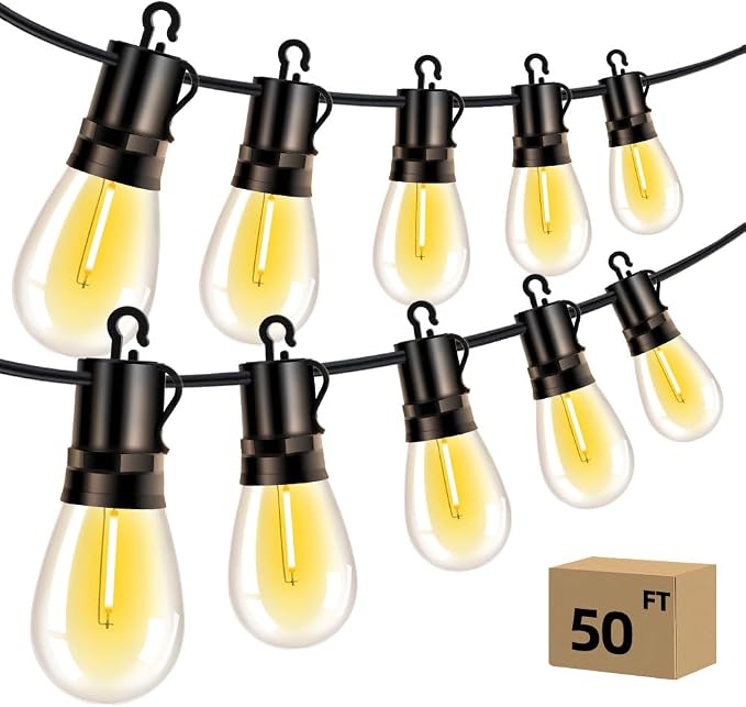 Outdoor Patio String Lights 50ft: S14 LED Shatterproof Bulbs 3 Modes Button Control - Waterproof Connectable Hanging Lights - Garden Backyard Yard Gazebo Porch Party Decorative