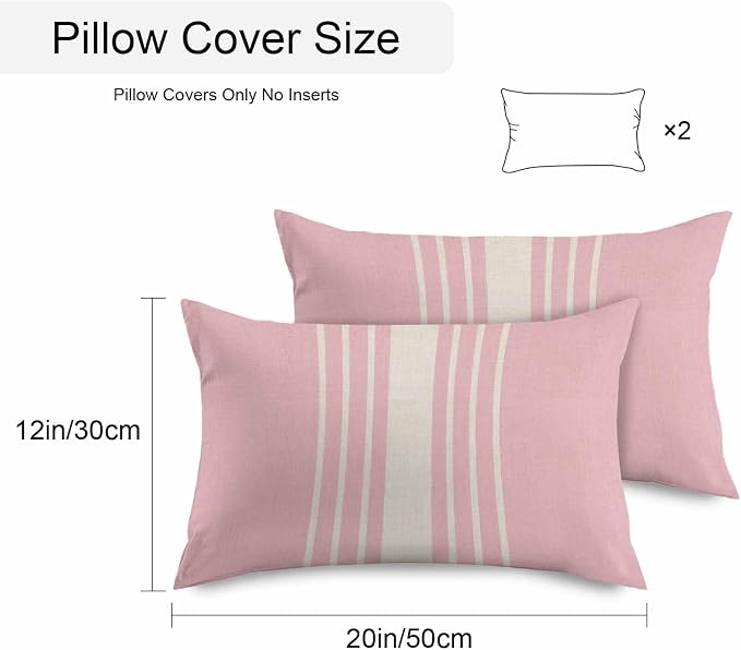 Outdoor Waterproof Pillows Cover Pack of 2 Modern Pink Striped Burlap Texture Decorative Pillowcases with Zipper Cushion Case for Patio Tent Couch Garden 20 x 12 Inches