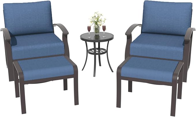 ALAULM 5 Piece Aluminum Outdoor Swivel Chairs High Back Metal Swivel Rocking Chairs with 5.1" Sponge Cushions, 2 Ottmans and 1 Coffee Table for Patio, Porch, Backyards, Garden(DarkBlue)
