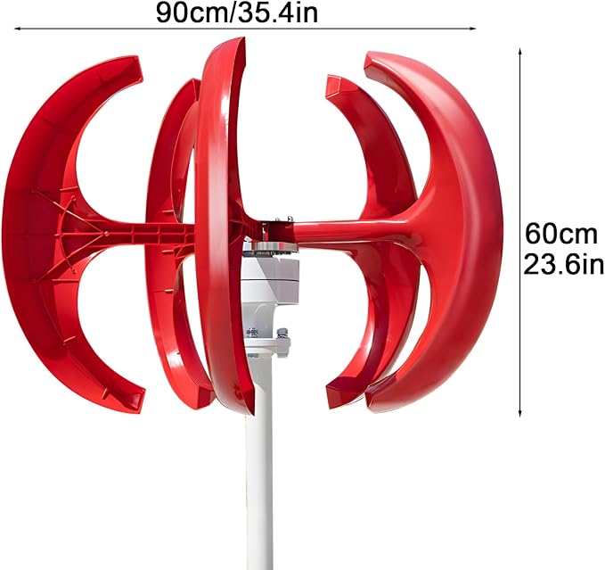 1000W Vertical Axis Wind Turbine Generator, 12V/24V Wind Power System with 5 Blades, Low Start Wind Speed 6.6 ft/s, Auto Wind Direction Adjustment for Home, Cabin, Rooftop Red