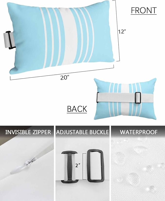 Chaise Lounge Chair Pillow with Strap & Insert Sky Blue Vertical Stripes Outdoor Recliner Head Pillow Pack of 2 Classic Striped Waterproof Headrest Patio Lumbar Pillow for Beach Office Chair 12x20