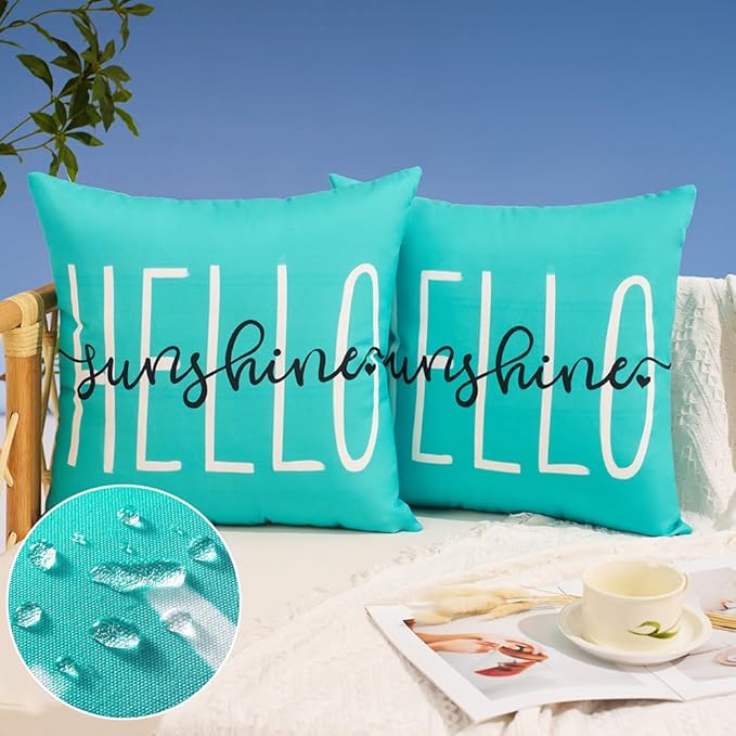 DFXSZ Blue Green Outdoor Waterproof Pillow Covers 20x20 Set of 2 | Hello Sunshine Decor Spring Summer Polyester Pillow Covers(NO INSERTS)| Decor for Patio Funiture Garden Sofa Couch