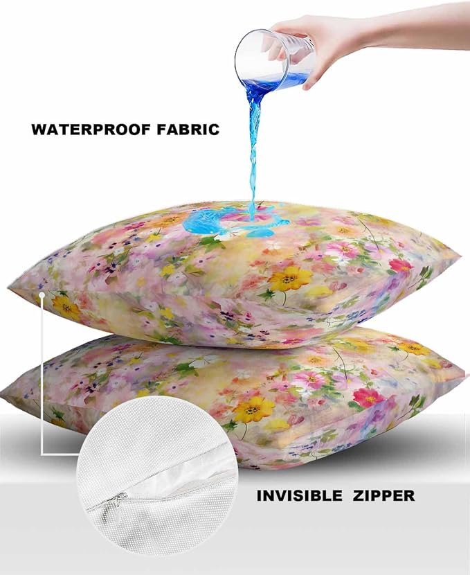 Abstract Outdoor Throw Pillow Covers Pack of 2, Spring Oil Painting Botanical Colorful Flowers Waterproof Pillow Covers Pillowcase for Outside Furniture Bench Patio Garden Decorative, 20"x20"