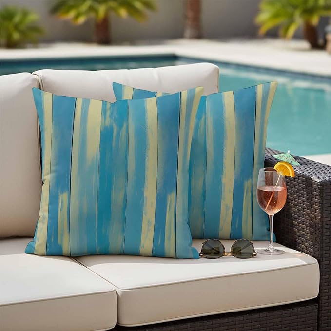 Blue Yellow Outdoor Pillow Covers 24x24 Inch Throw Pillow Covers Set of 2 Waterproof Decorative Pillow Cases Vintage Farmhouse Abstract Wooden Grain Cushion Covers for Patio Furniture Garden Couch