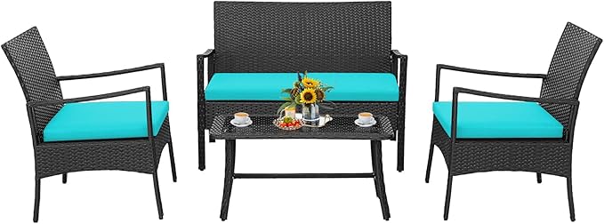 Tangkula 4 Pieces Rattan Conversation Set, Patio Sofa Couch Set with Tempered Glass Coffee Table, Seat Cushions, Outdoor Wicker Loveseat Set for Poolside, Courtyard, Balcony (1, Turquoise)