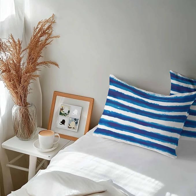 Blue Stripe Waterproof Outdoor Pillow Covers Set of 2 Home Decor, Ocean Beach Watercolor White Geometric Pillowcase Patio Pillow Covers for Couch Bench Furniture Garden 20x12in