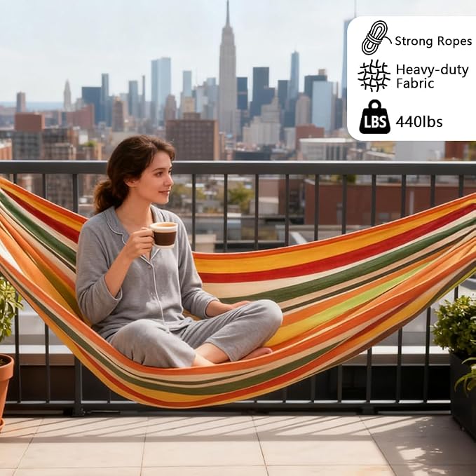 Cotton Canvas Hammock with Tree Straps - Portable Hammock for Outdoor Indoor Patio Backyard, Camping Hammock with Carry Bag, 440lbs Capacity, Without Stand(Orange, Without bar)