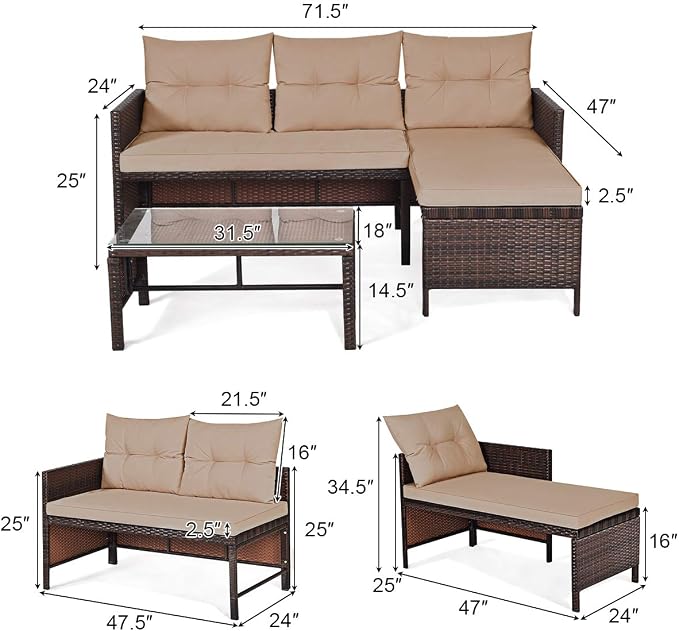 3 Pieces Rattan Sectional Sofa Set, Patio Wicker Rattan Conversation Set with Chaise Lounge, Love Seat & Coffee Table, Patio Furniture Set for Garden, Lawn, Poolside (Brown)
