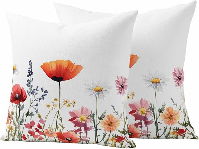 Pastoral Flowers Outdoor Waterproof Throw Pillow Covers Set of 2, 26"x26", Colorful Daisy Floral Leaves Watercolor Decorative Pillow Covers Outside Cushion Case for Patio Porch Garden