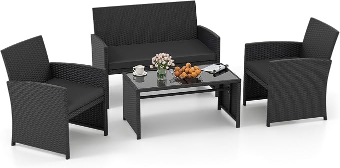 Tangkula 4 Pieces Patio Wicker Furniture Set, Outdoor Heavy Duty Rattan Cushioned Chairs, Loveseat and Tempered Glass Coffee Table, for Backyard, Balcony, Poolside (1, Black)