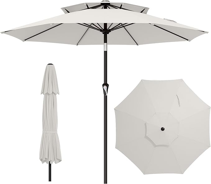AreShark 9ft 2 Tiers Patio Umbrella - Outdoor Umbrella Waterproof UV Protection, Market Table Umbrella w/Push Button Tilt&Crank for Pool, Porch, Garden(Ivory)