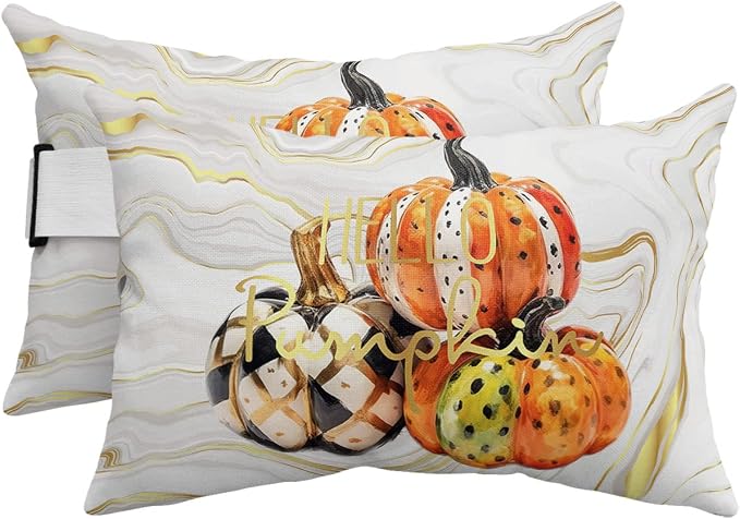 Outdoor Pillows Covers with Inserts Fall Thanksgiving Pumpkin Abstract Golden Marble Waterproof Pillow with Adjustable Strap Throw Pillows for Patio Furniture Recliner Lounge Chair, 11x16 inch, 2PCS