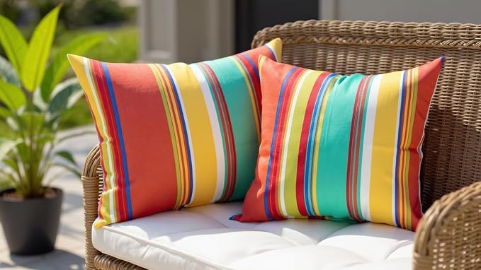 RSH DECOR: Square Throw Pillows Set of 4 | 17" x 17" | All-Weather Spun Fabric | Water and Fade-Resistant | Outdoor Accent Pillows for Patio Furniture | Bright Colorful Garden Red Stripe