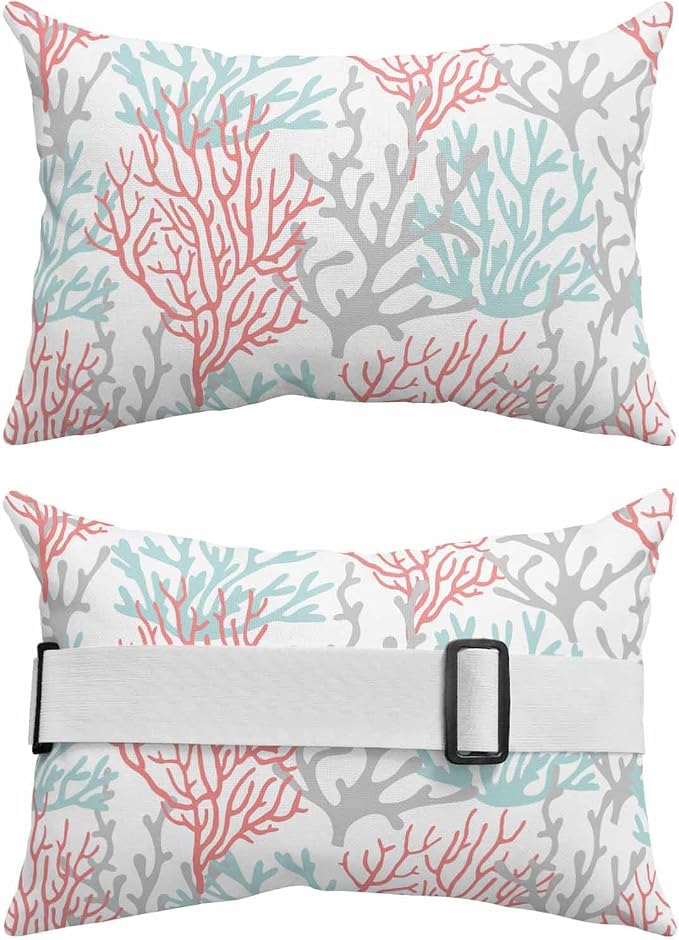 Geometric Coral Outdoor Beach Chair Pillow Headrest for Chaise Lounge Chair, Recliner Head Pillow Waterproof Pillowcases with Elastic Band & Inserts 11x16(2 PCS) Ocean Red Teal Grey White Watercolor