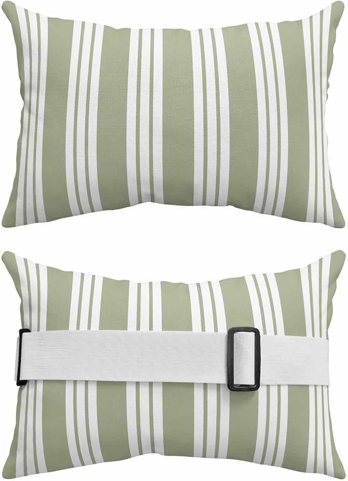 1PCS Outdoor Pillow for Chaise Lounge Chair Sage Green Stripes Country Waterproof Headrest Cushion with Insert Abstract Watercolor Art Adjustable Lumbar Pillow for Beach Patio Poolside Office,11x16in