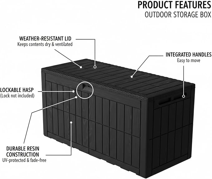 MAVIS LAVEN Water Proof Storage Bin, Outdoor Storage Box 122x61x54cm Lockable Deck Box with Built in Lid for Patio Furniture Garden Tools Pool Supplies