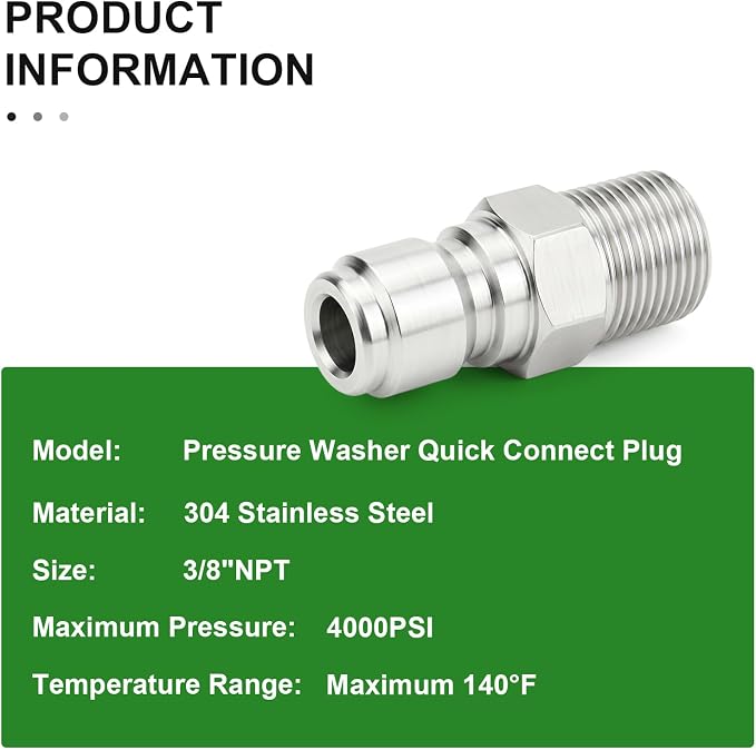 TAISHER 8PCS 304 Stainless Steel 3/8" Male NPT High Pressure Washer Quick Connect Plug for Pressure Washing Gun Hose Accessories