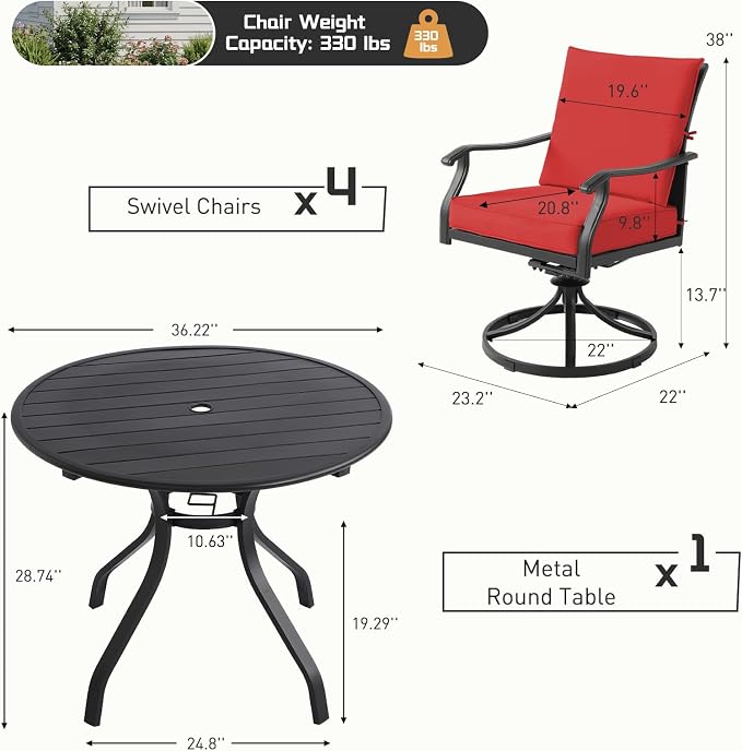 5 Piece Outdoor Patio Dining Set, 36’’ Round Dining Table with Umbrella Hole & 4pcsPatio Swivel Rocking Chairs, Outdoor Furniture Dining Set for Patio, Balcony, Lawn, Garden, Backyard