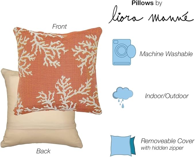 Liora Manne MARINA Indoor/Outdoor Power Loomed Easy Care Pillow - Transitional Border Coastal Beach Accent (Coral Edge Sunset) (18" x 18")