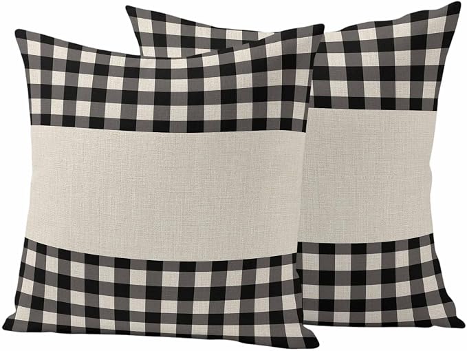 Retro Black Outdoor Waterproof Pillow Covers, Farmhouse Buffalo Plaid Vintage Beige Decorative Square Throw Pillowcase Sofa Cushion Sham for Patio/Couch/Chair, 18"x18" 2 Pack