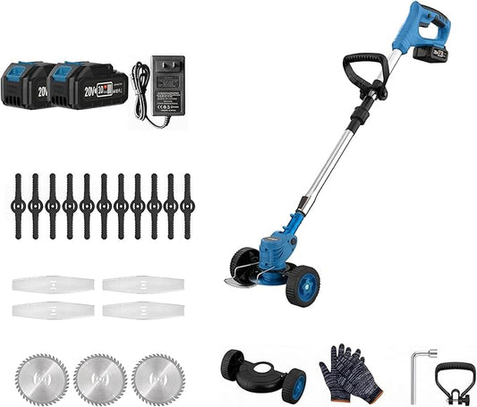 FIREHELP-20V Max Brushless String Trimmer Edger with Dual Batteries, Adjustable Telescopic Shaft, 3 Mode Cutting (Trimmer/Edger/Mower) (Sky Blue + Wheel Kit)