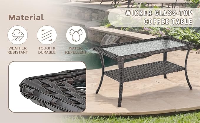 Swivel Patio Chairs sofa Set of 7 with 6" Thick Cushion - Wicker Outdoor Swivel Rocker Patio Chair ,Sofa/Glass coffee table, High Back Comfortable Outdoor Glider Chairs - Brown Wicker Blue Cushion