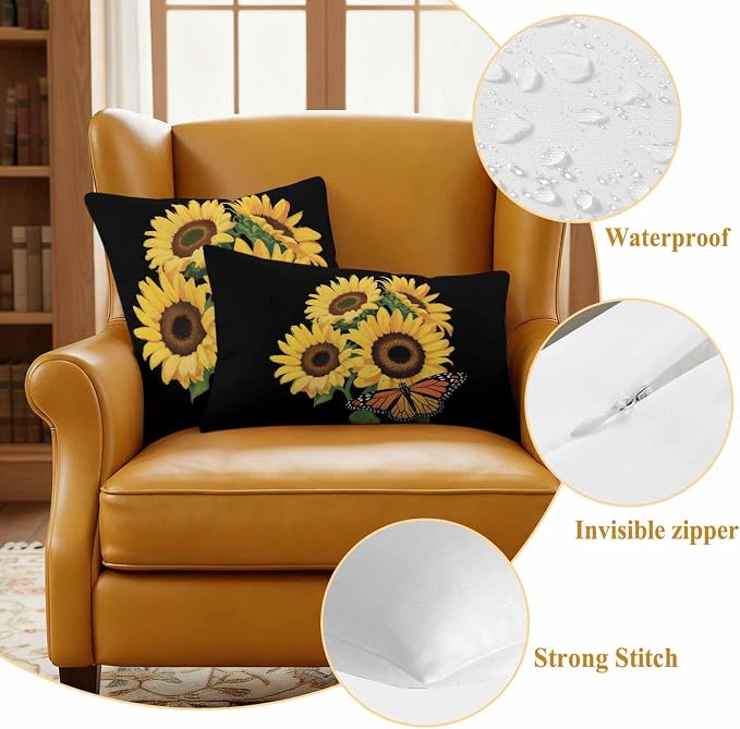 Outdoor Waterproof Throw Pillow Covers Set of 2 Watercolor Sunflower Lumbar Pillowcases 20x12 Inches Summer Floral Butterfly Decorative Pillows Cushion Case Patio Pillows for Couch Bed Chair Garden