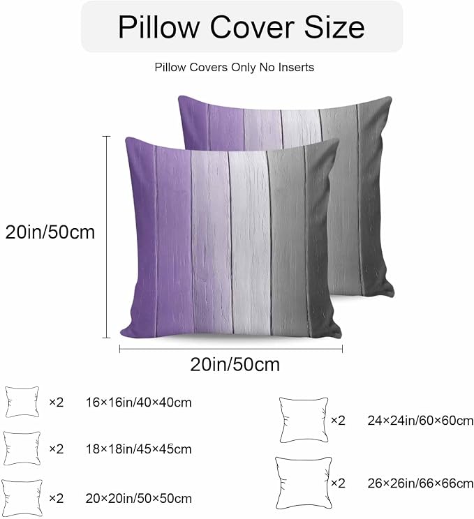 Throw Pillow Covers 18x18 Inch Set of 2, Purple Gray Ombre Waterproof Outdoor Cushion Covers, Vintage Country Wooden Decorative Pillowcases for Couch, Sofa, Bed, Garden, Patio