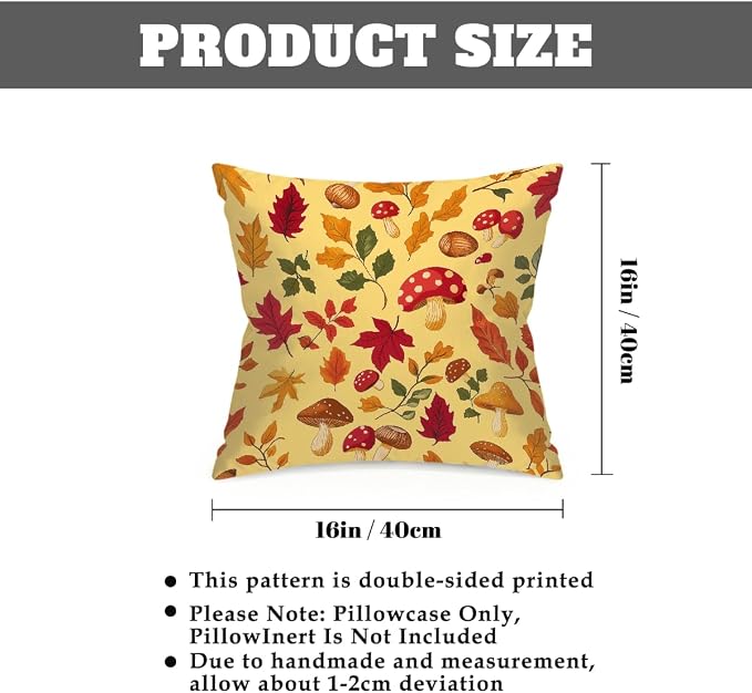 16x16 Inch Outdoor Pillow Covers Set of 2 Waterproof Throw Pillow Covers Decorative Couch Cushion Covers Mushrooms Leaves Fall Square Pillowcases Protectors for Patio Garden Sofa