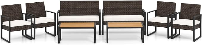 Tangkula 8 Pieces Patio Furniture Set, Outdoor Rattan Conversation Set w/Cushioned Chairs & Wood Plastic Coffee Table, Wicker Sectional Seating Furniture for Backyard, Poolside, Porch (Off White,2)