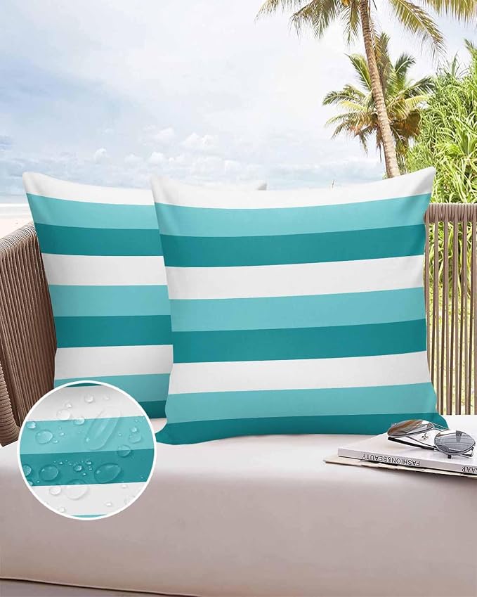 Pack of 2 Turquoise Green Stripe Outdoor Pillow Waterproof Covers 16x16 inch, Modern Art Polyester Throw Pillow Covers Garden Cushion Decorative Case for Patio Couch Decoration