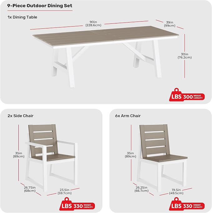 Costaelm Stinson 9-Piece Outdoor HDPE Patio Dining Table Set with Umbrella Hole & Dining Chairs for 8, Weathered Wood