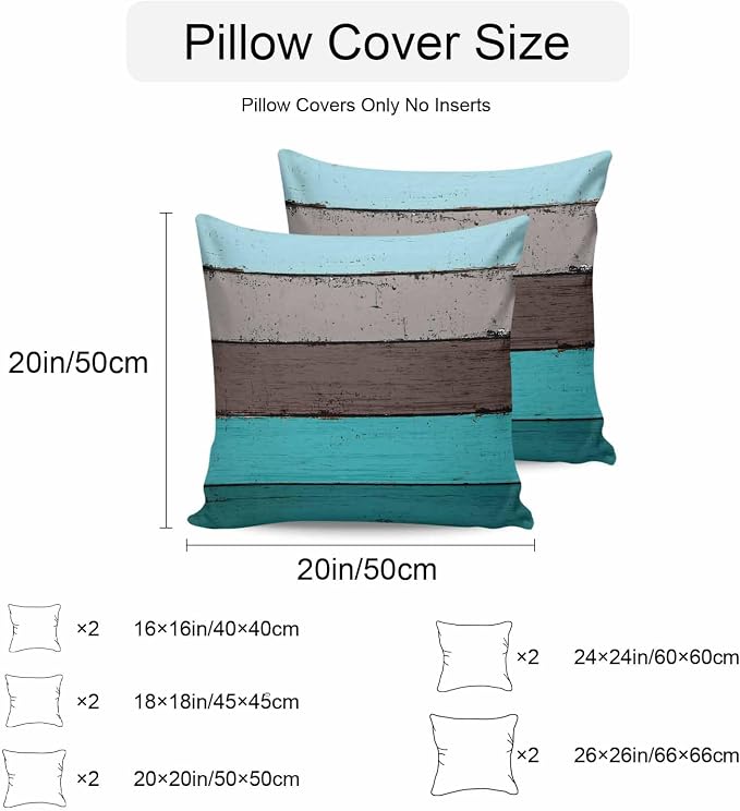 Outdoor Throw Pillow Covers 20X20 Set of 2 Waterproof Ombre Peacock Blue Gray Decorative Zippered Cushion Covers for Patio Furniture, Farmhouse Retro Rustic Barn Wood Texture Lumbar Pillowcases