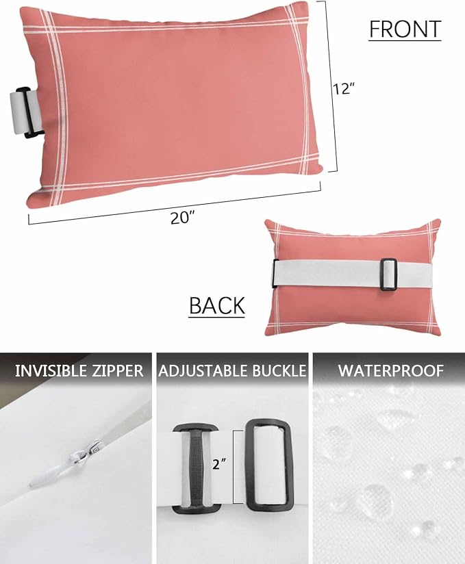 Outdoor Pillow for Lounge Chair with Strap & Insert Coral Red Recliner Head Pillow Solid Color Waterproof Headrest Patio Lumbar Pillows for Beach Pool Office Chaise Chair 12x20 Inch