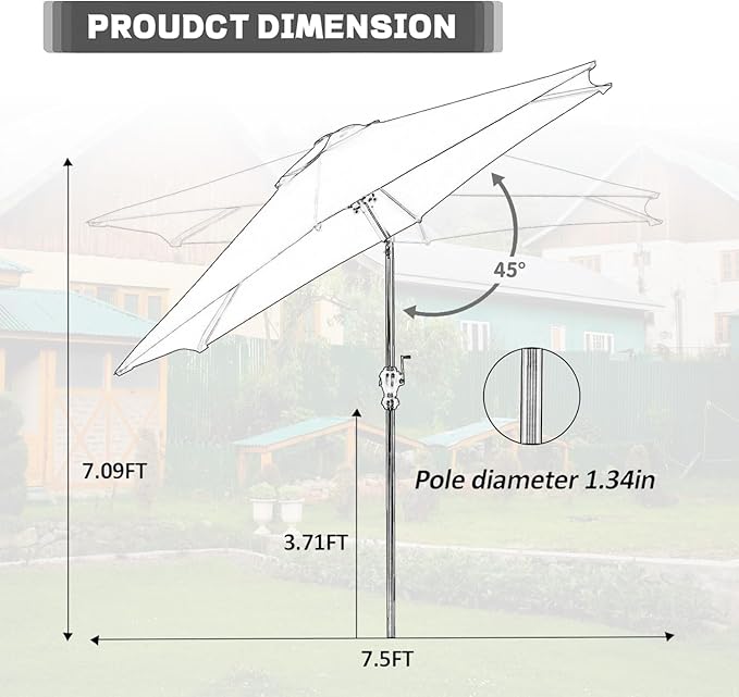 GDY 7.5FT Patio Umbrella Outdoor Table Umbrella,Market Umbrella with Push Button Tilt and Crank for Garden, Lawn, Deck, Backyard & Pool (Beige)