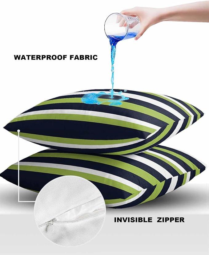 Pack of 2 Blue Green White Stripes Outdoor Pillow Waterproof Covers 20x20 inch, Classic Geometric Polyester Throw Pillow Covers Garden Cushion Decorative Case for Patio Couch Decoration